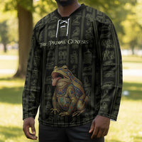 Heqet Ornate Frog Egyptian Hockey Jersey with Hieroglyphic Backdrop in Creation Theme
