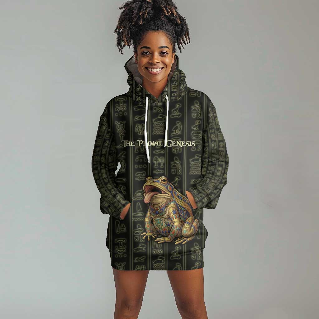 Heqet Ornate Frog Egyptian Hoodie Dress with Hieroglyphic Backdrop in Creation Theme