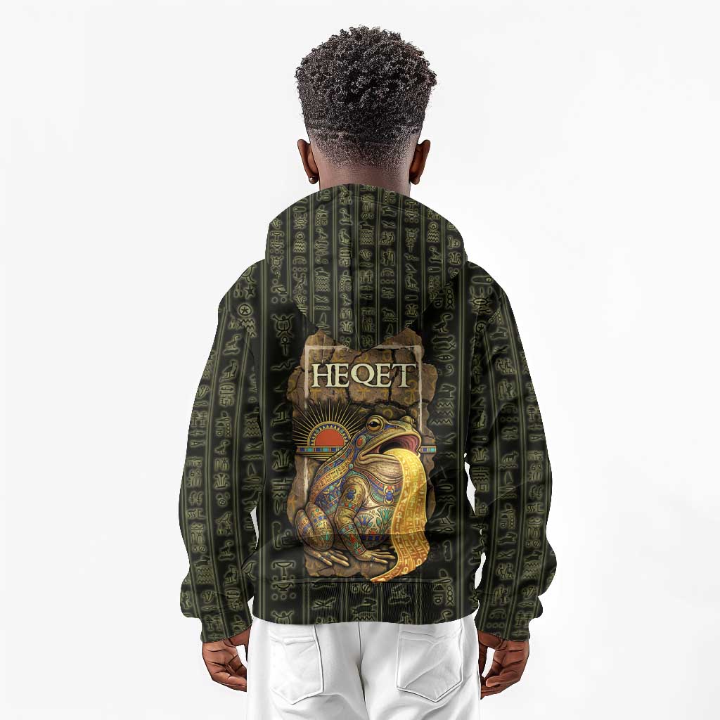 Heqet Ornate Frog Egyptian Kid Hoodie with Hieroglyphic Backdrop in Creation Theme
