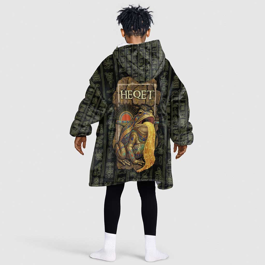 Heqet Ornate Frog Egyptian Kid Wearable Blanket Hoodie with Hieroglyphic Backdrop in Creation Theme