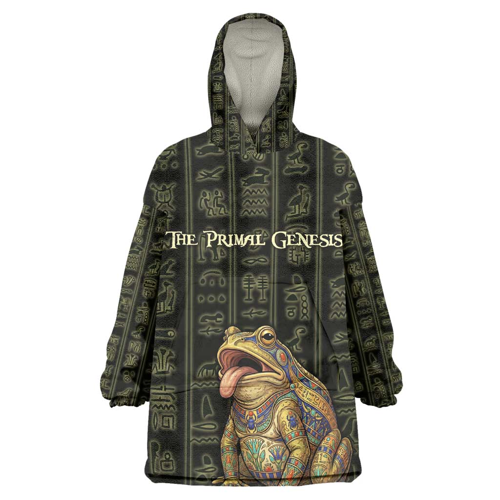 Heqet Ornate Frog Egyptian Kid Wearable Blanket Hoodie with Hieroglyphic Backdrop in Creation Theme