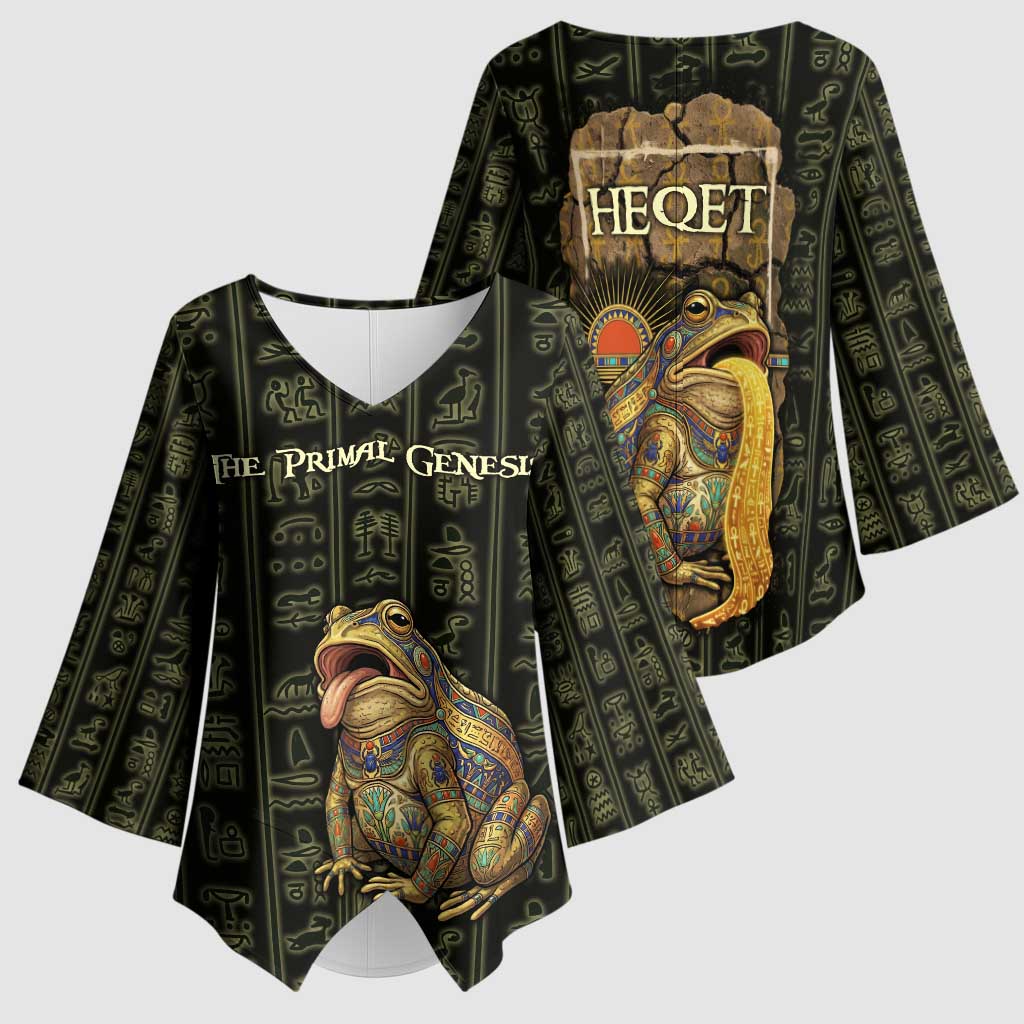 Heqet Ornate Frog Egyptian Kimono Sleeve Blouse with Hieroglyphic Backdrop in Creation Theme