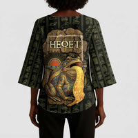 Heqet Ornate Frog Egyptian Kimono Sleeve Blouse with Hieroglyphic Backdrop in Creation Theme