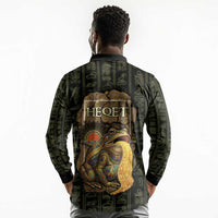 Heqet Ornate Frog Egyptian Long Sleeve Polo Shirt with Hieroglyphic Backdrop in Creation Theme