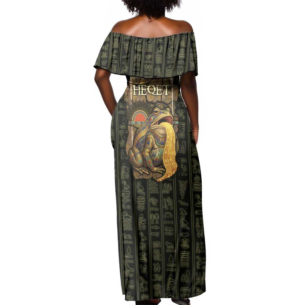 Heqet Ornate Frog Egyptian Off Shoulder Maxi Dress with Hieroglyphic Backdrop in Creation Theme