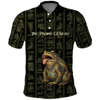 Heqet Ornate Frog Egyptian Polo Shirt with Hieroglyphic Backdrop in Creation Theme