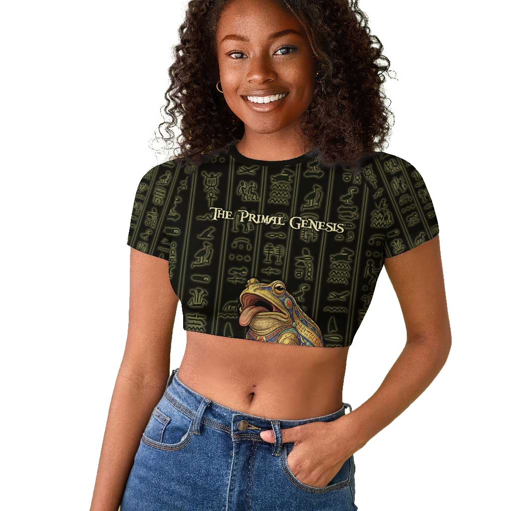 Heqet Ornate Frog Egyptian Raglan Cropped T shirt with Hieroglyphic Backdrop in Creation Theme