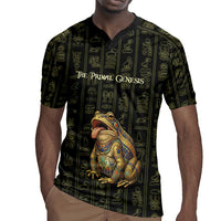 Heqet Ornate Frog Egyptian Rugby Jersey with Hieroglyphic Backdrop in Creation Theme