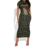 Heqet Ornate Frog Egyptian Short Sleeve Bodycon Dress with Hieroglyphic Backdrop in Creation Theme