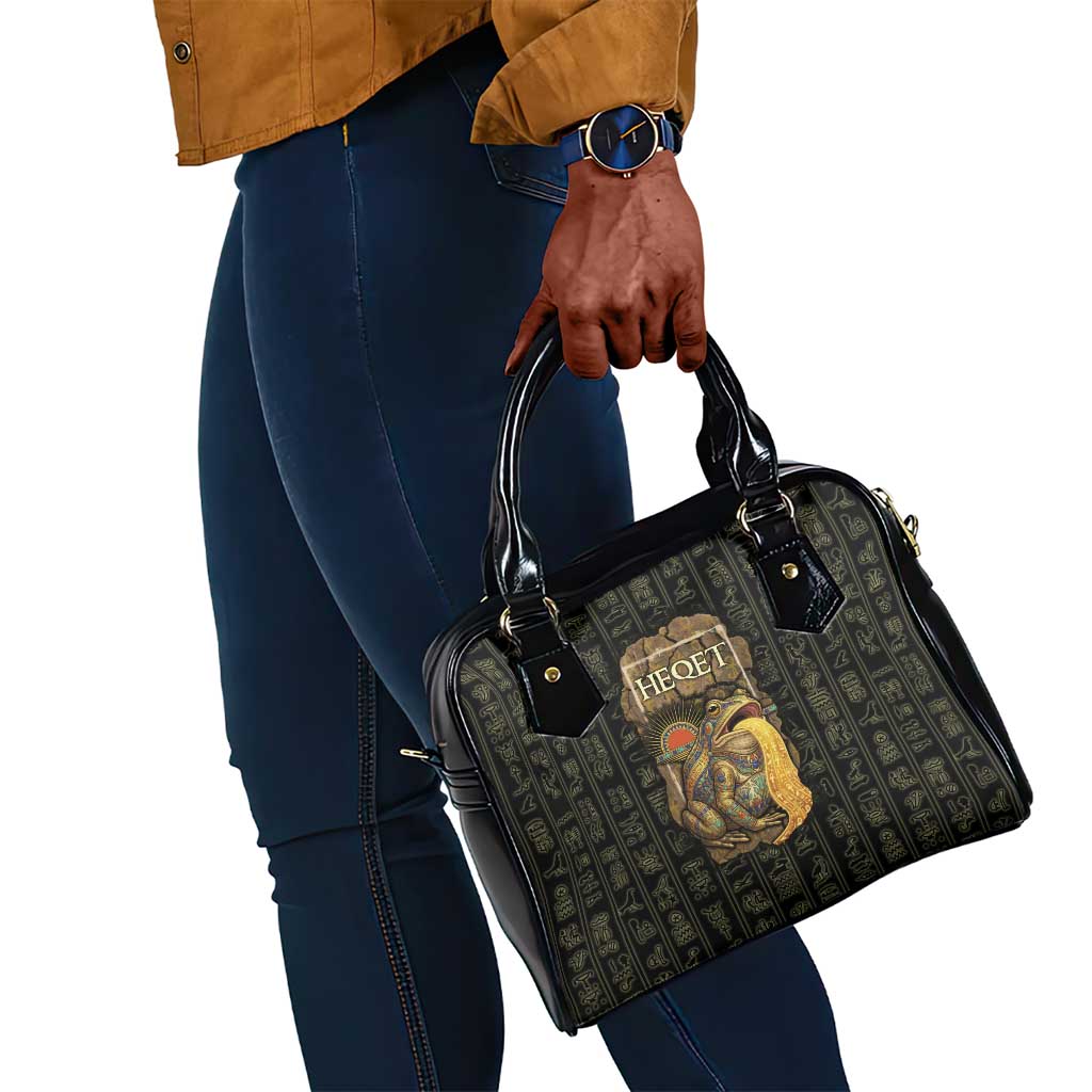 Heqet Ornate Frog Egyptian Shoulder Handbag with Hieroglyphic Backdrop in Creation Theme