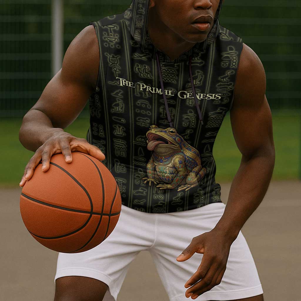 Heqet Ornate Frog Egyptian Sleeveless Hoodie with Hieroglyphic Backdrop in Creation Theme