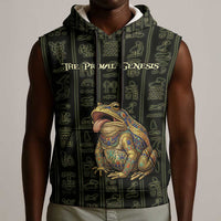 Heqet Ornate Frog Egyptian Sleeveless Hoodie with Hieroglyphic Backdrop in Creation Theme