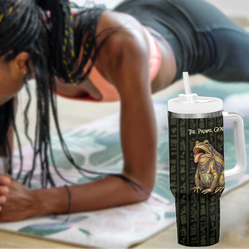 Heqet Ornate Frog Egyptian Tumbler With Handle with Hieroglyphic Backdrop in Creation Theme