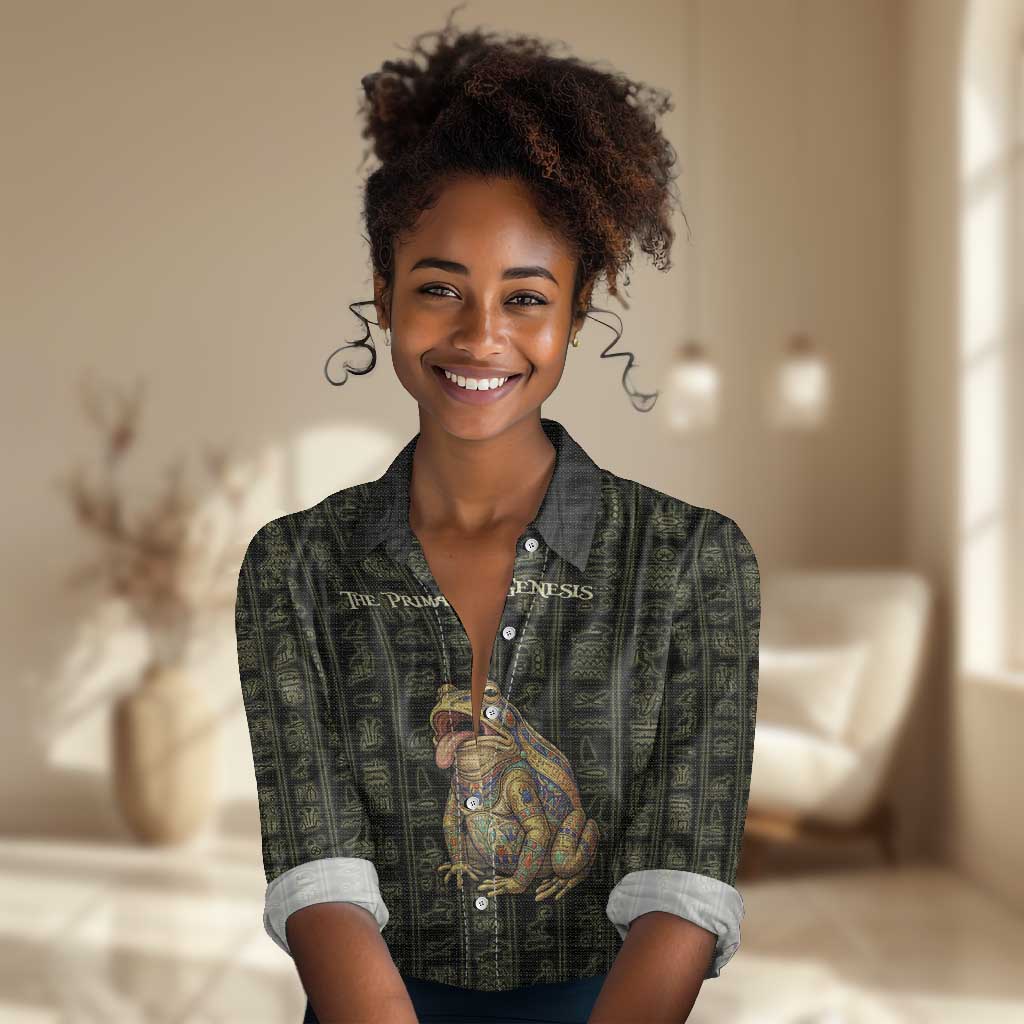 Heqet Ornate Frog Egyptian Women Casual Shirt with Hieroglyphic Backdrop in Creation Theme
