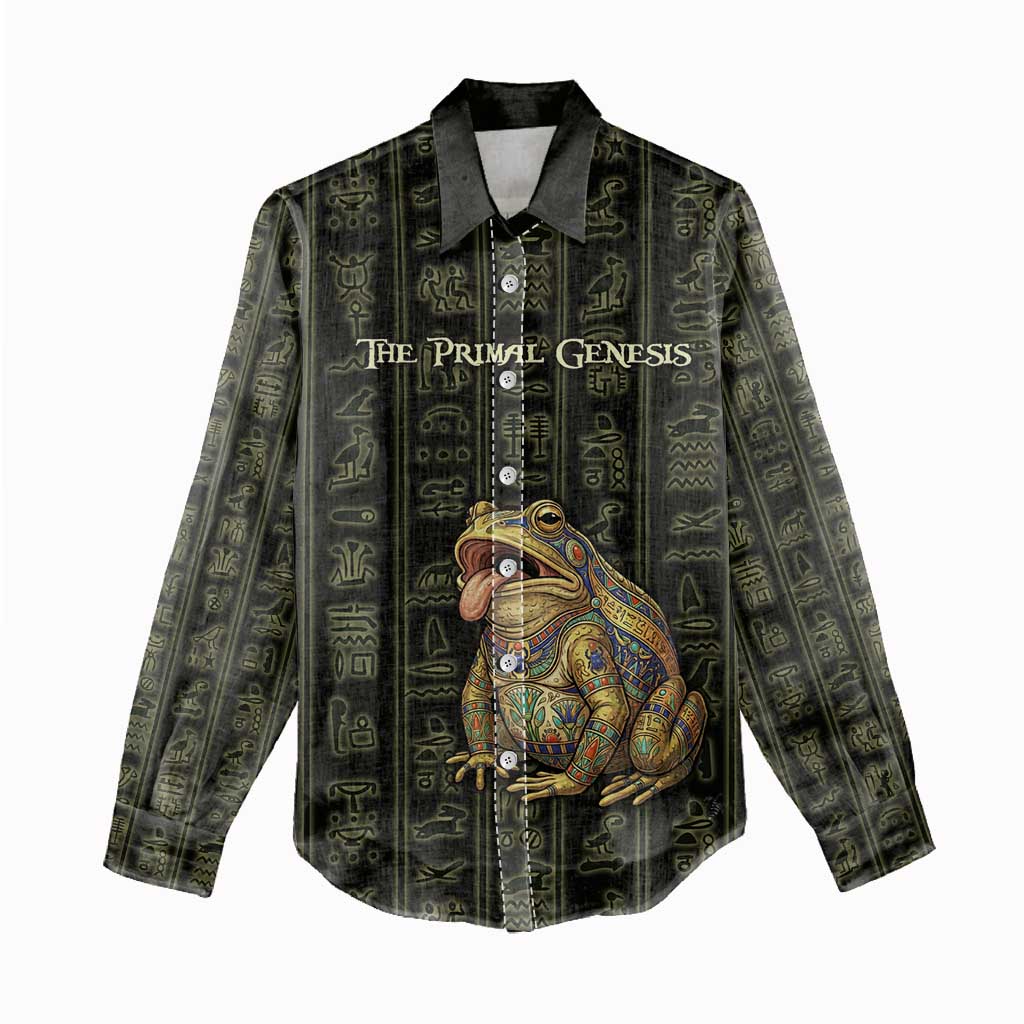 Heqet Ornate Frog Egyptian Women Casual Shirt with Hieroglyphic Backdrop in Creation Theme