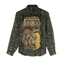 Heqet Ornate Frog Egyptian Women Casual Shirt with Hieroglyphic Backdrop in Creation Theme