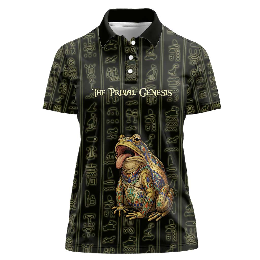 Heqet Ornate Frog Egyptian Women Polo Shirt with Hieroglyphic Backdrop in Creation Theme