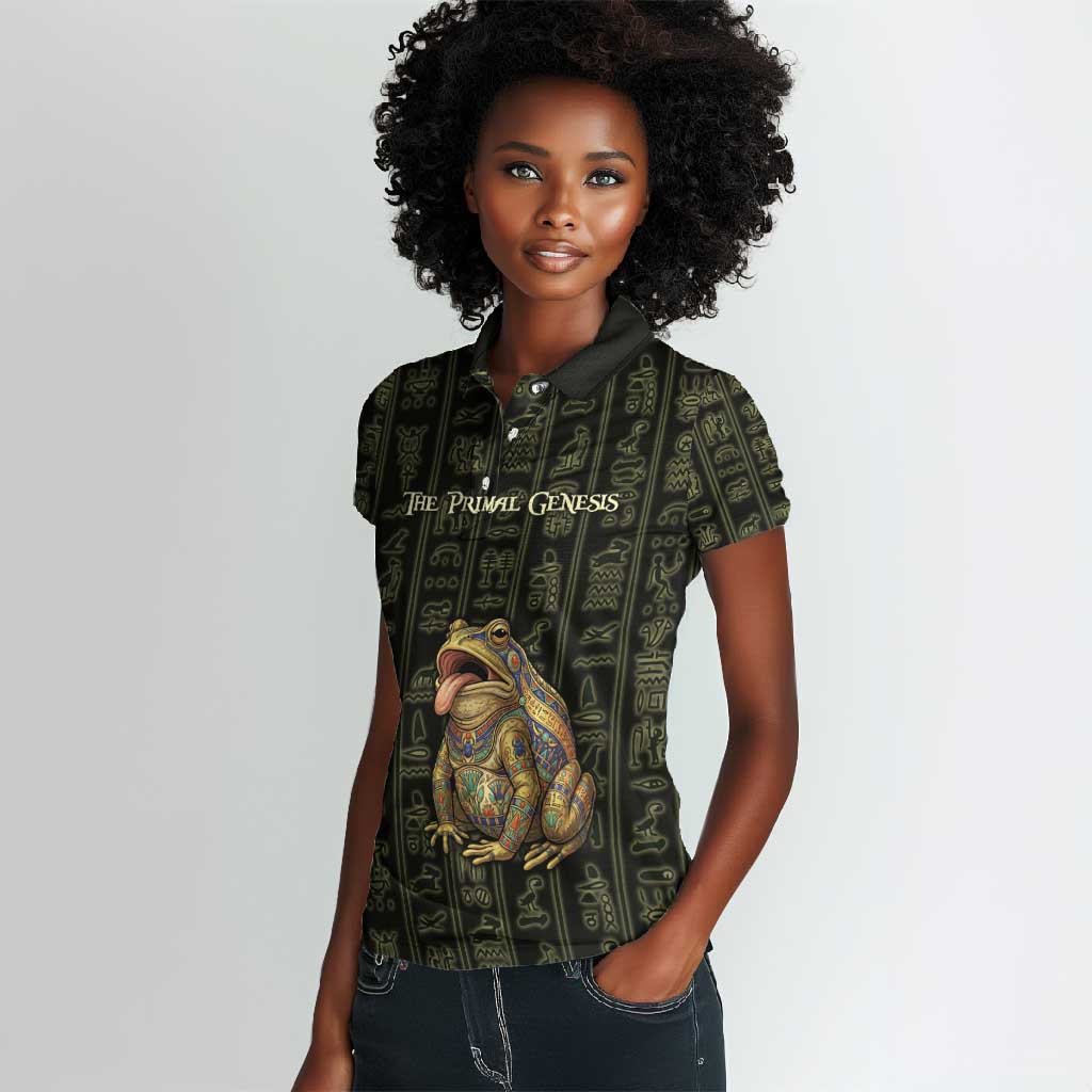 Heqet Ornate Frog Egyptian Women Polo Shirt with Hieroglyphic Backdrop in Creation Theme
