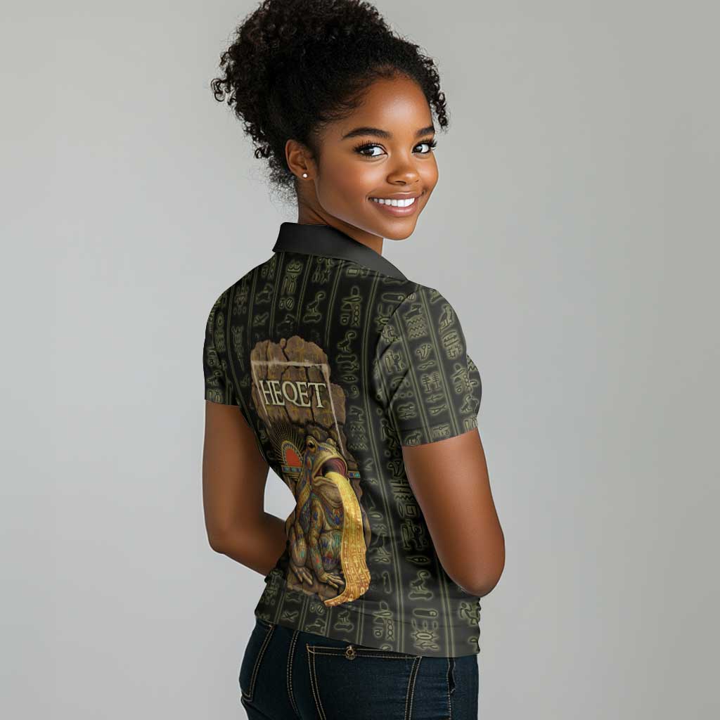 Heqet Ornate Frog Egyptian Women Polo Shirt with Hieroglyphic Backdrop in Creation Theme