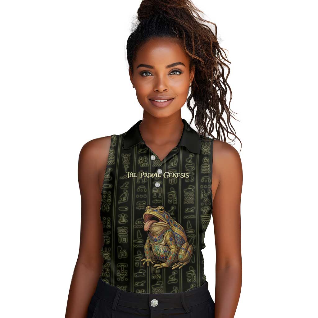 Heqet Ornate Frog Egyptian Women Sleeveless Polo Shirt with Hieroglyphic Backdrop in Creation Theme