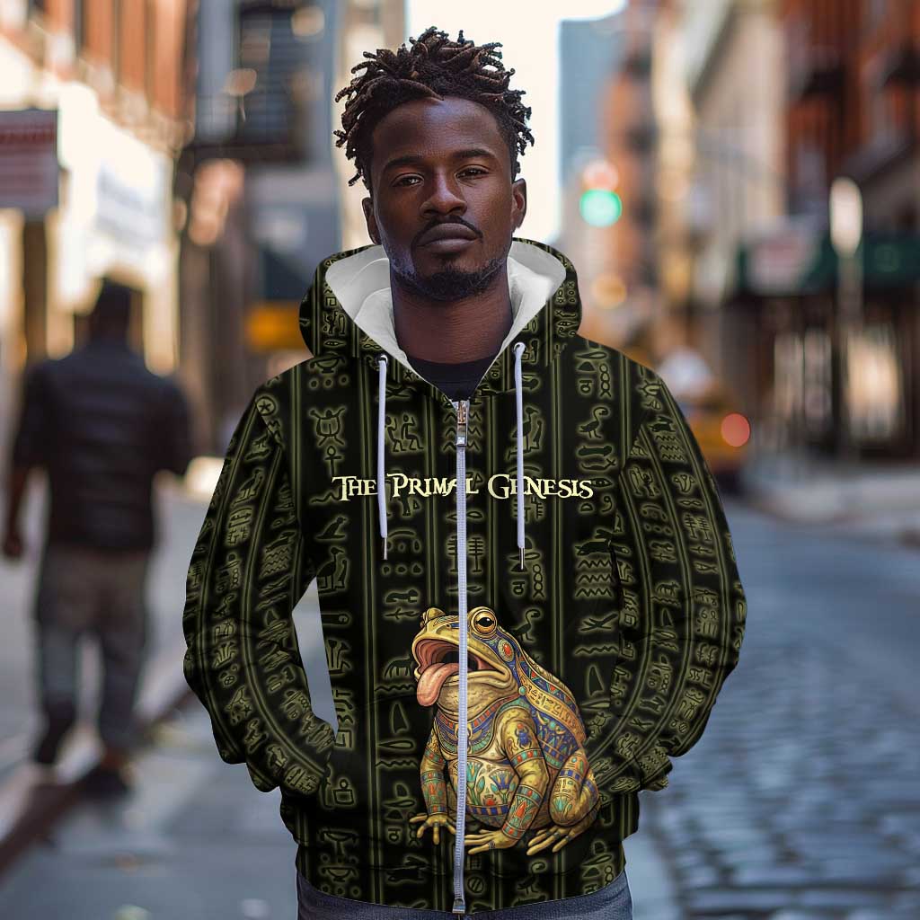 Heqet Ornate Frog Egyptian Zip Hoodie with Hieroglyphic Backdrop in Creation Theme