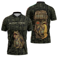 Heqet Ornate Frog Egyptian Zipper Polo Shirt with Hieroglyphic Backdrop in Creation Theme