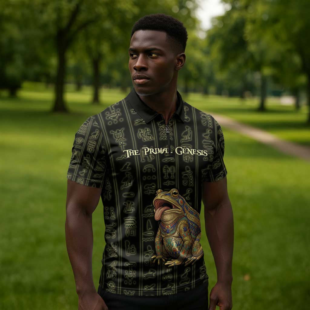Heqet Ornate Frog Egyptian Zipper Polo Shirt with Hieroglyphic Backdrop in Creation Theme