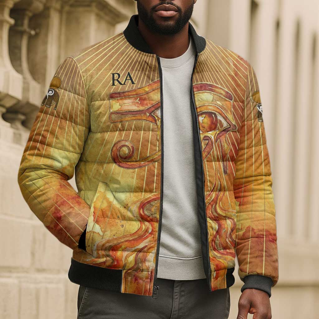 Ra Egyptian Bomber Puffer Jacket Sun God Eye of Ra Fiery Wings Eternal Source Golden Light