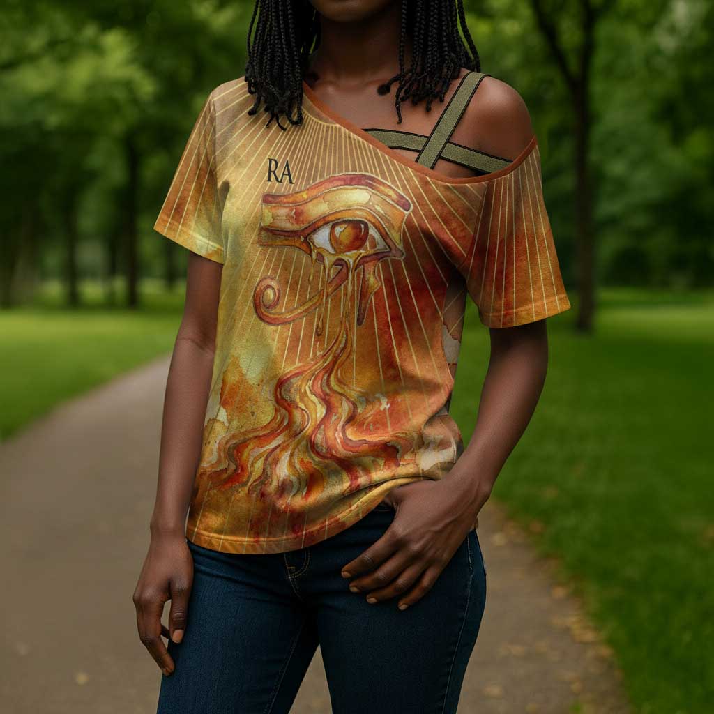 Ra Egyptian Cross Shoulder Shirt Sun God Eye of Ra Fiery Wings Eternal Source Golden Light
