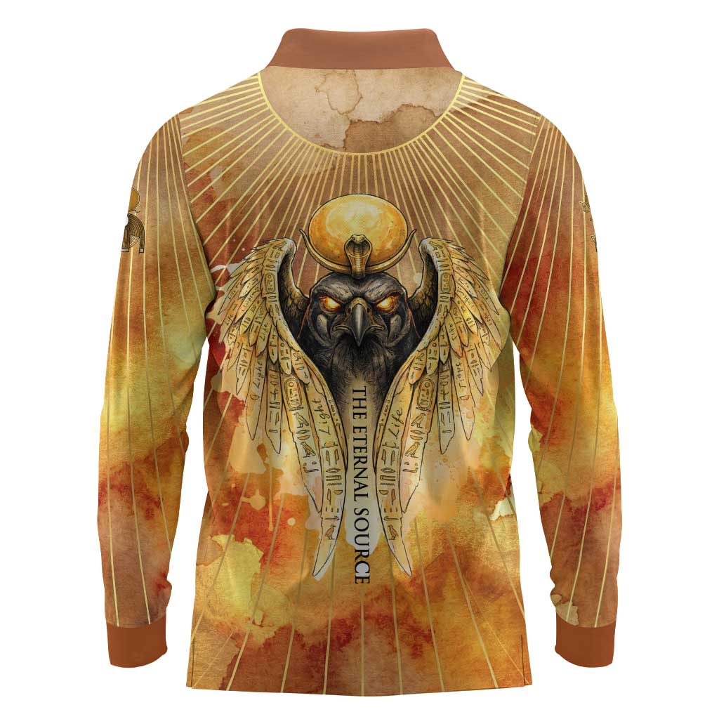 Ra Egyptian Long Sleeve Polo Shirt Sun God Eye of Ra Fiery Wings Eternal Source Golden Light