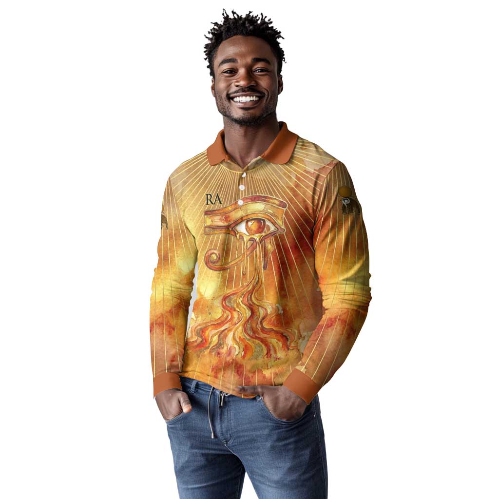 Ra Egyptian Long Sleeve Polo Shirt Sun God Eye of Ra Fiery Wings Eternal Source Golden Light