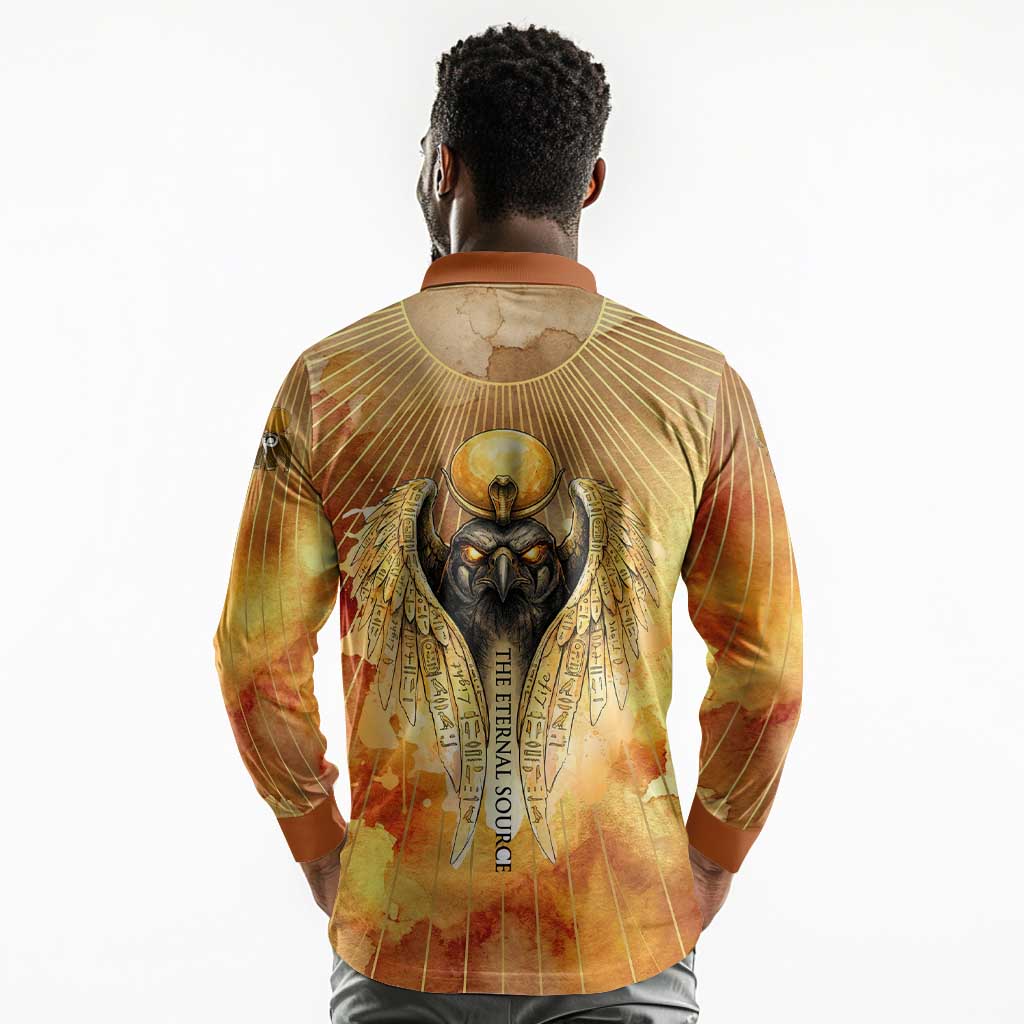Ra Egyptian Long Sleeve Polo Shirt Sun God Eye of Ra Fiery Wings Eternal Source Golden Light