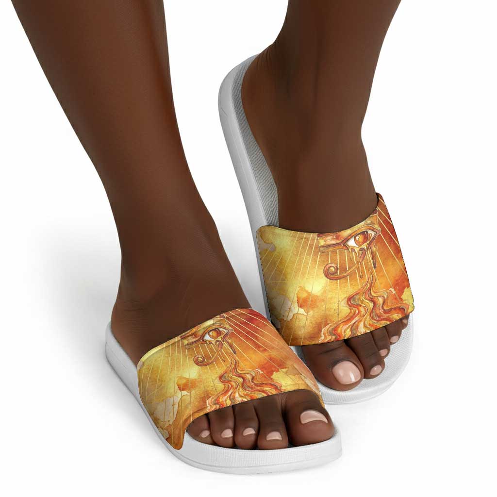 Ra Egyptian Slide Sandals Sun God Eye of Ra Fiery Wings Eternal Source Golden Light