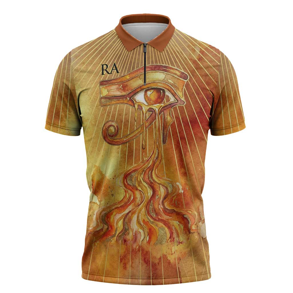 Ra Egyptian Zipper Polo Shirt Sun God Eye of Ra Fiery Wings Eternal Source Golden Light