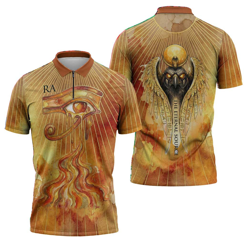 Ra Egyptian Zipper Polo Shirt Sun God Eye of Ra Fiery Wings Eternal Source Golden Light
