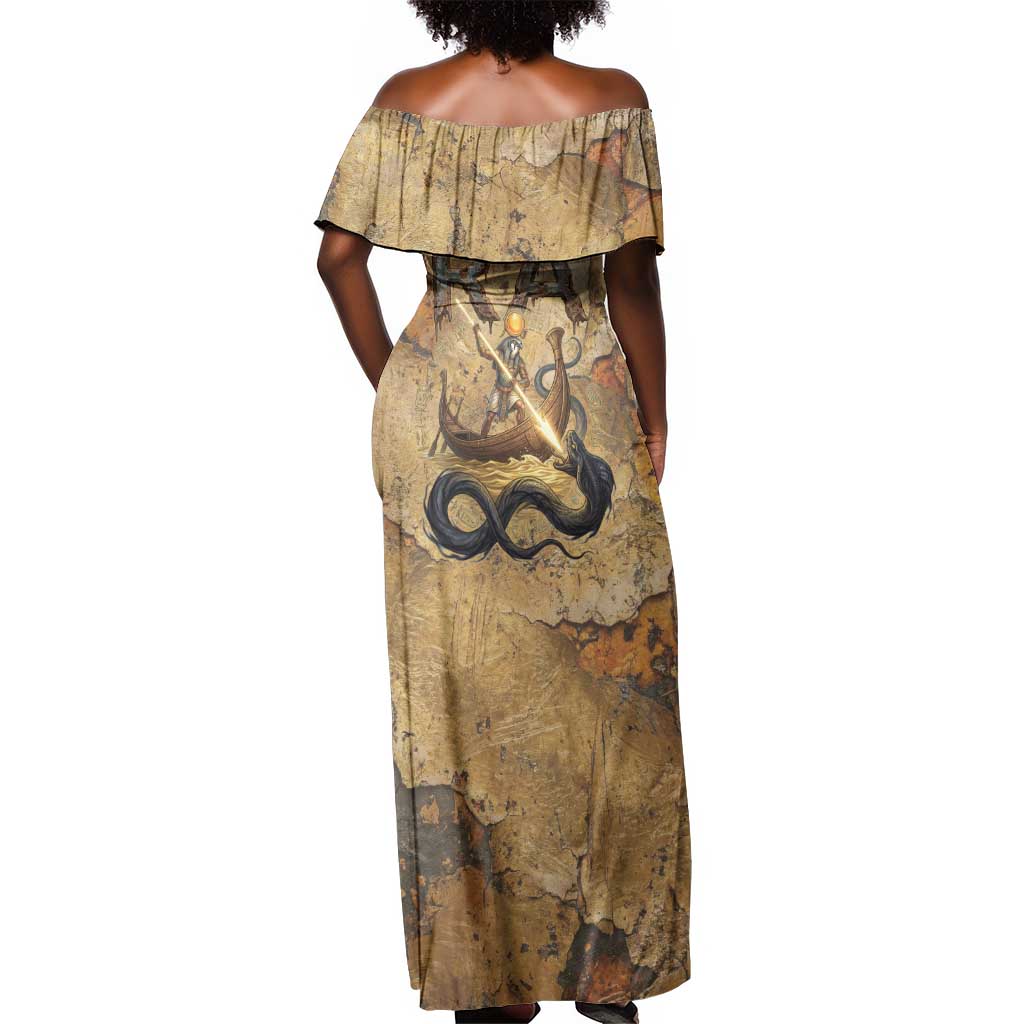 Ra Egyptian Off Shoulder Maxi Dress Sun God Solar Disk Serpent Slayer Ancient Egyptian Boat of the Underworld