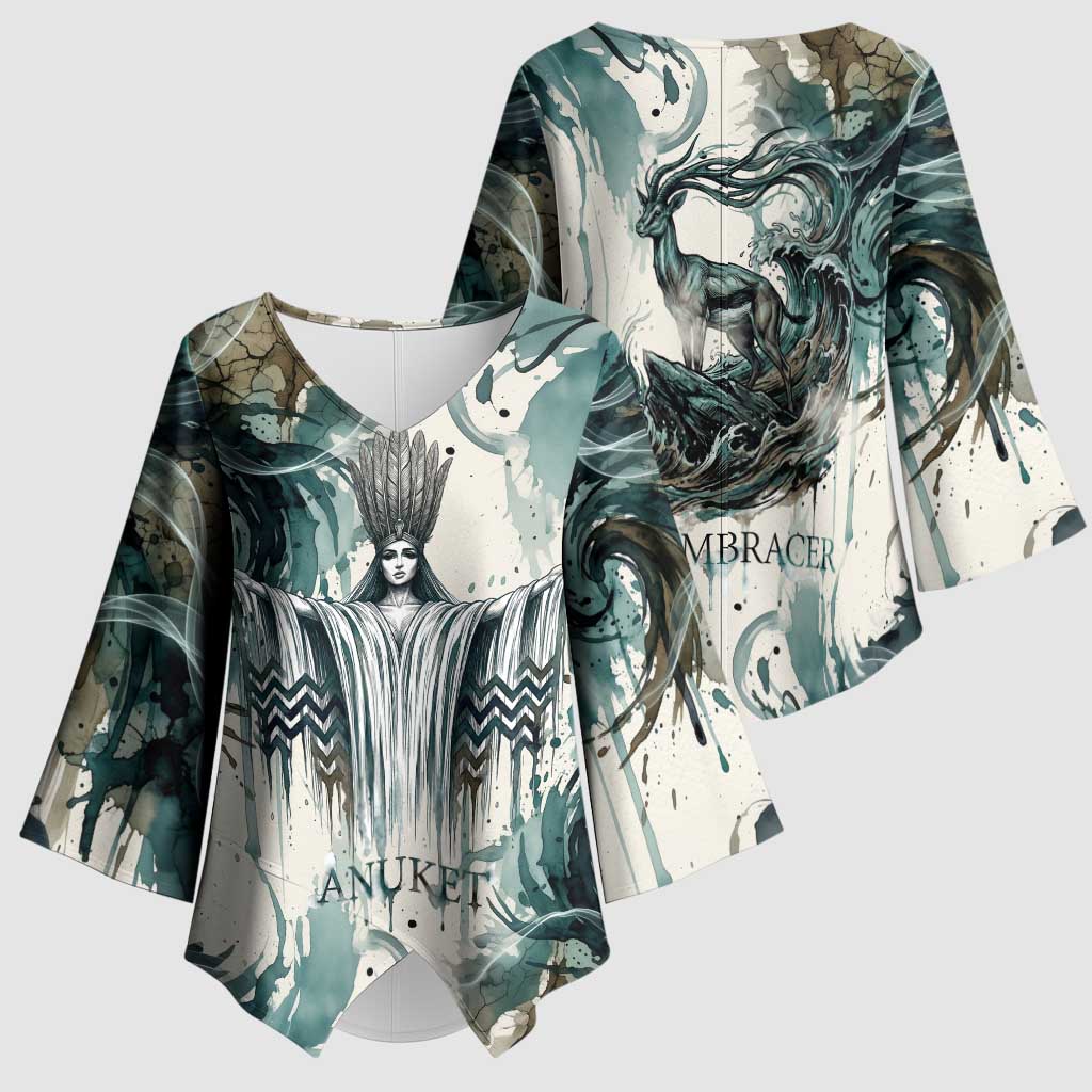 Anuket Egyptian Kimono Sleeve Blouse Goddess of the Nile Flowing Water Gazelle Spirit The Embracer