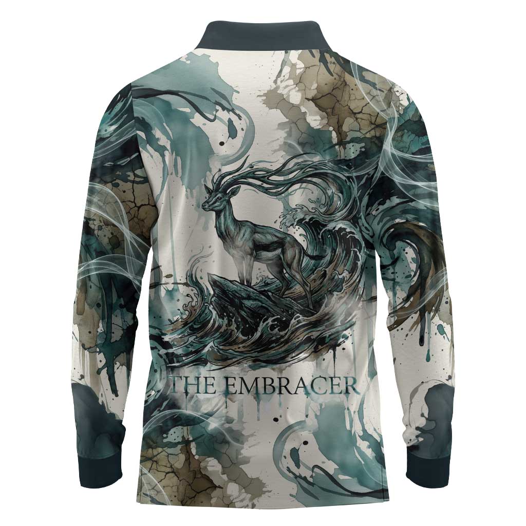 Anuket Egyptian Long Sleeve Polo Shirt Goddess of the Nile Flowing Water Gazelle Spirit The Embracer