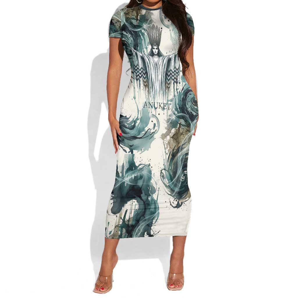 Anuket Egyptian Short Sleeve Bodycon Dress Goddess of the Nile Flowing Water Gazelle Spirit The Embracer