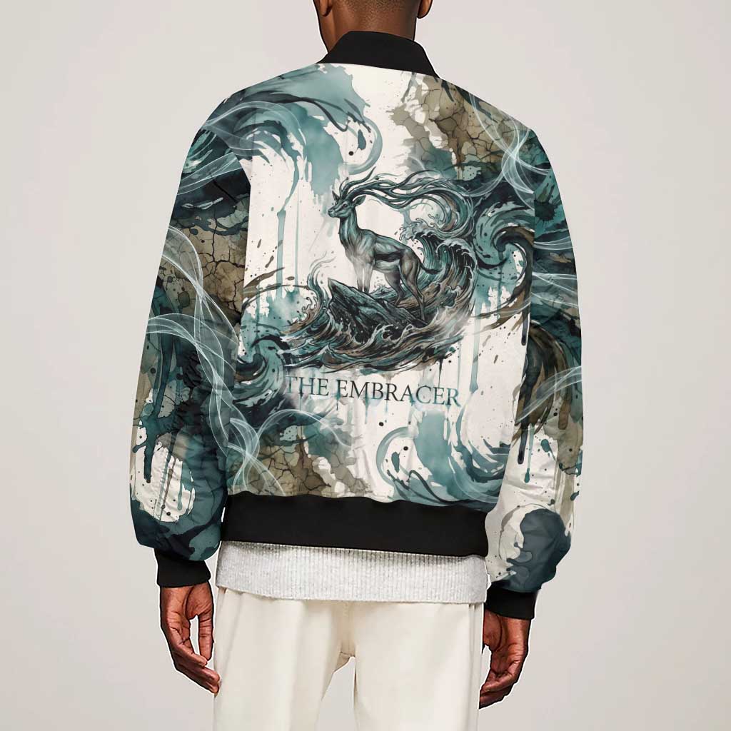 Anuket Egyptian Sleeve Zip Bomber Jacket Goddess of the Nile Flowing Water Gazelle Spirit The Embracer