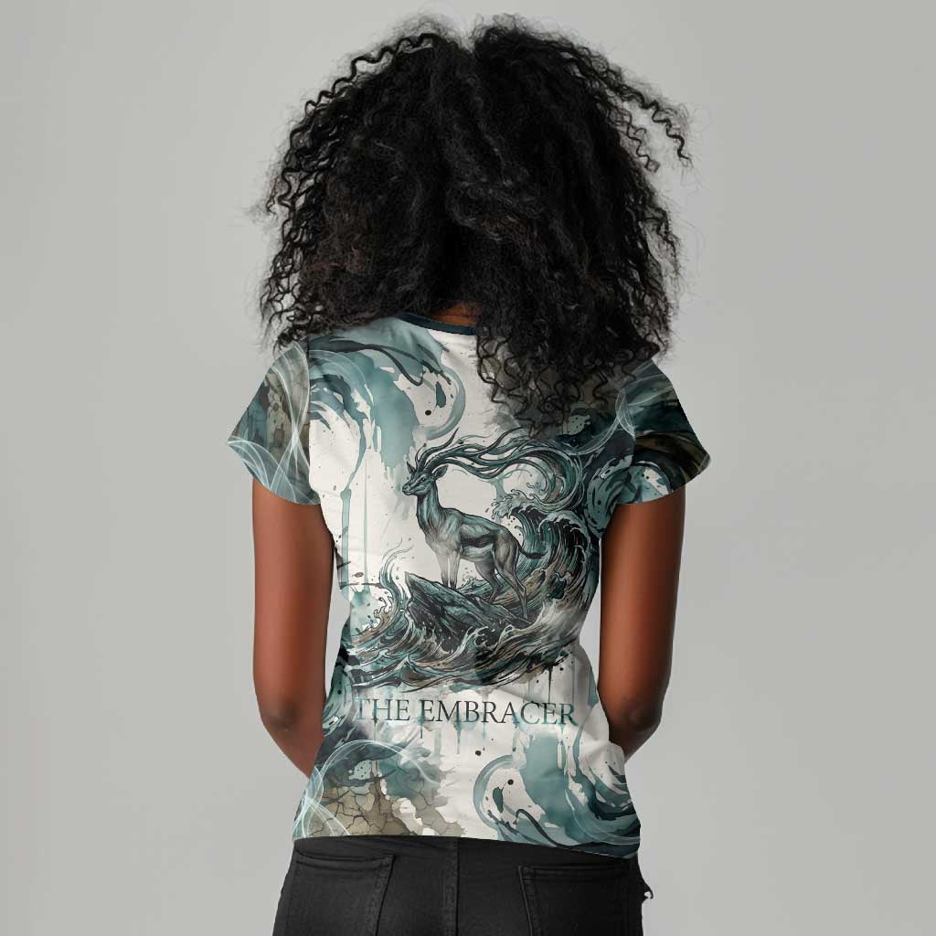 Anuket Egyptian Women V-Neck T-Shirt Goddess of the Nile Flowing Water Gazelle Spirit The Embracer