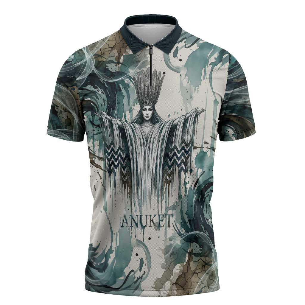 Anuket Egyptian Zipper Polo Shirt Goddess of the Nile Flowing Water Gazelle Spirit The Embracer