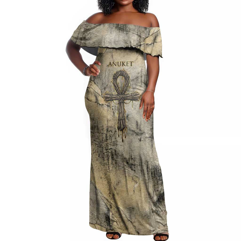 Anuket Off Shoulder Maxi Dress Egyptian Queen of the Cataracts Ankh Symbol