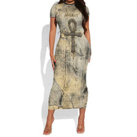 Anuket Short Sleeve Bodycon Dress Egyptian Queen of the Cataracts Ankh Symbol