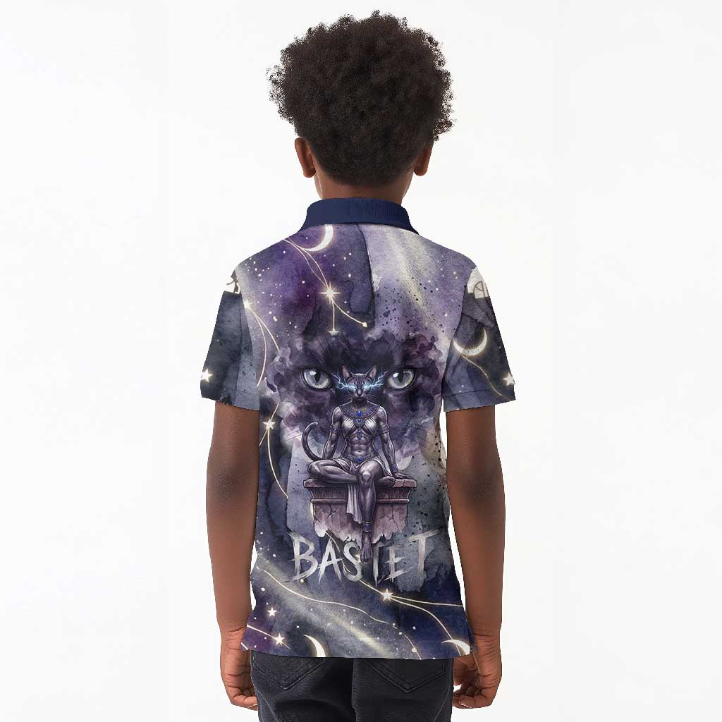Bastet Egyptian Kid Polo Shirt Cat Goddess Cosmic Protector Moon Magic Night Sky