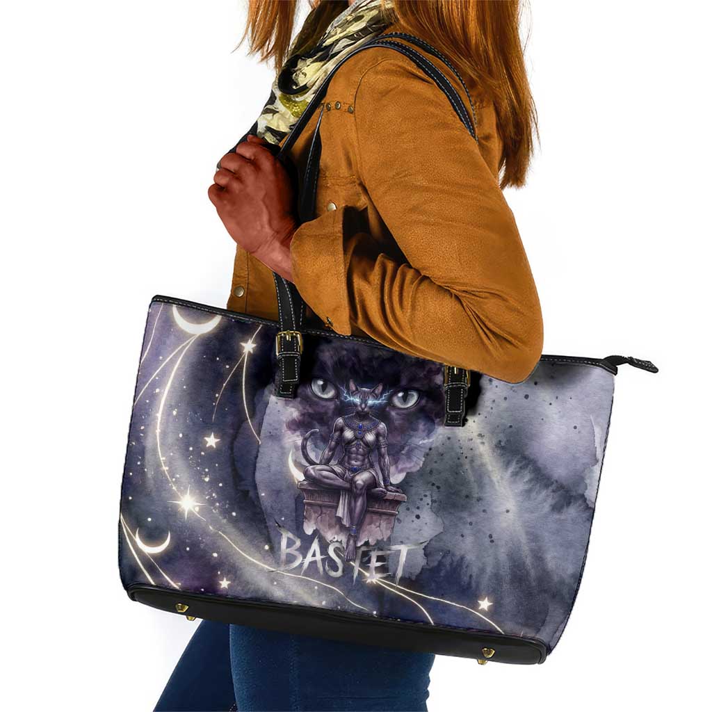 Bastet Egyptian Leather Tote Bag Cat Goddess Cosmic Protector Moon Magic Night Sky