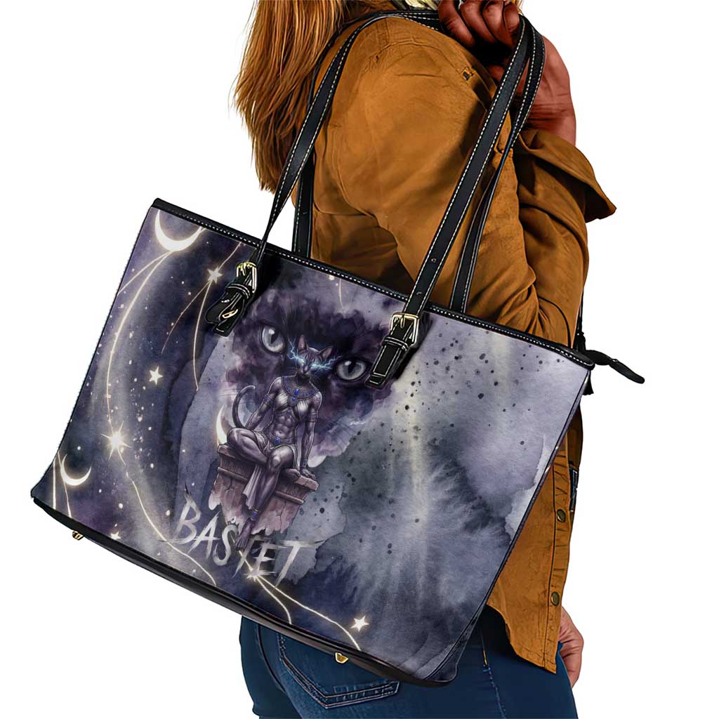 Bastet Egyptian Leather Tote Bag Cat Goddess Cosmic Protector Moon Magic Night Sky