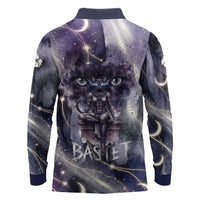 Bastet Egyptian Long Sleeve Polo Shirt Cat Goddess Cosmic Protector Moon Magic Night Sky