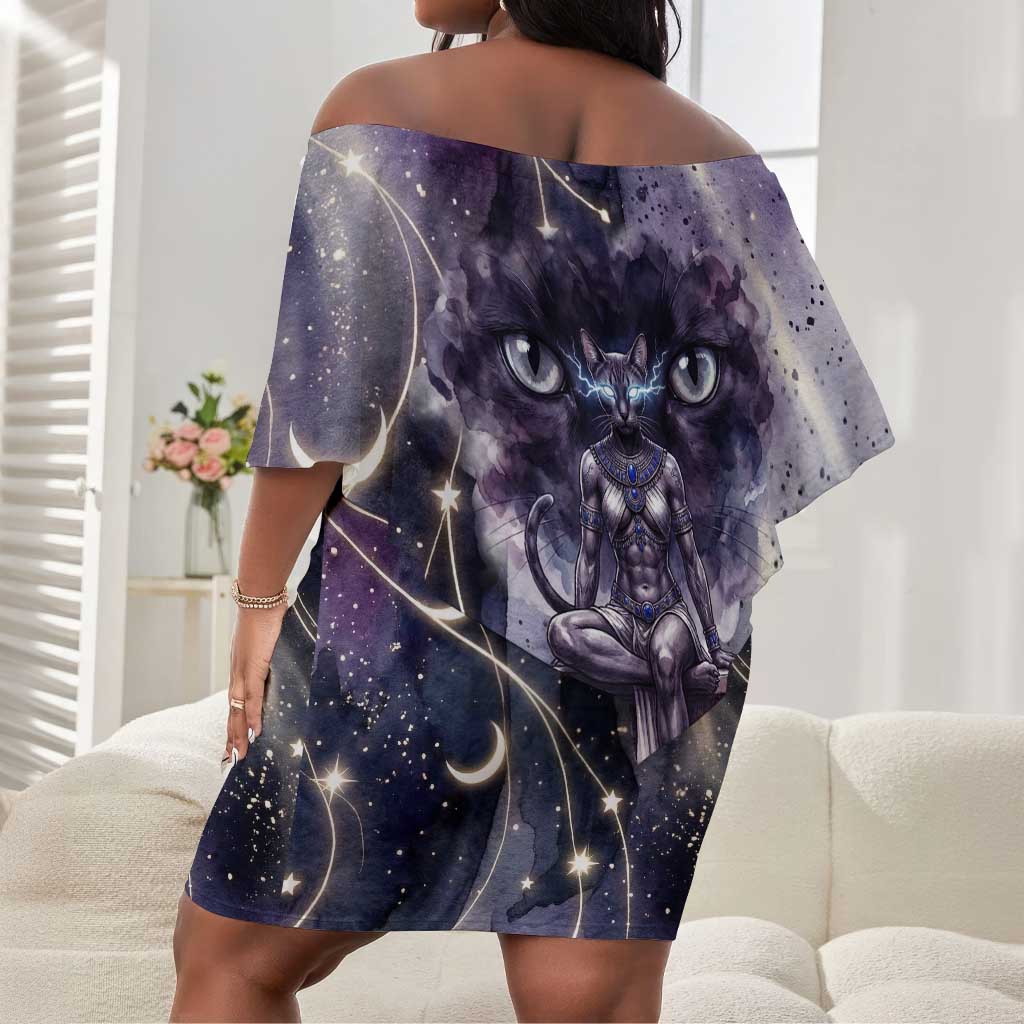 Bastet Egyptian Off Shoulder Short Dress Cat Goddess Cosmic Protector Moon Magic Night Sky