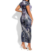 Bastet Egyptian Short Sleeve Bodycon Dress Cat Goddess Cosmic Protector Moon Magic Night Sky